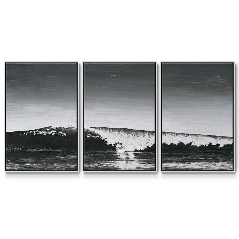 «Black & White Waves I», reproduction sur toile 3 pièces, Cadre blanc, H 40 po x l 78 po