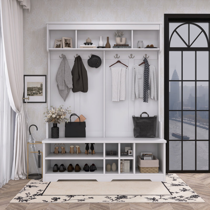 Modern Hall Tree With Metal Hooks & Shoe Storage Multifunctional Entryway Organizer, White