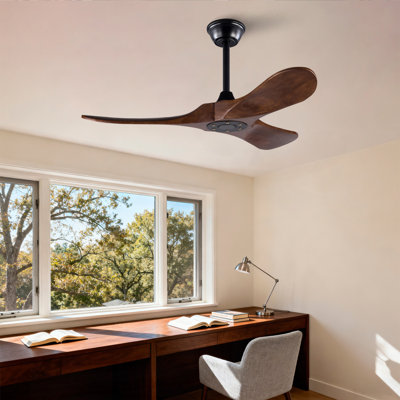42" Solid Wood Ceiling Fan, Outdoor, 3 Blade, No Light, Walnut, for Patio Living Room Bedroom Porch, Remote Control, Water Resistant