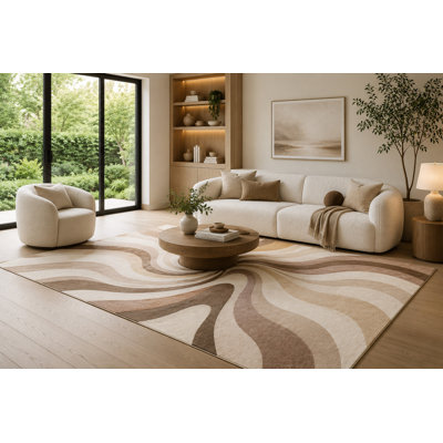 "Ultra Light Weight" Large 6'7" x 9'10" Cream, Caramel and Brown Marble Current Area Rug for Living Room, Soft Low Pile Carpet with Non-Slip Backing for Bedroom, Dining Room and Home Office