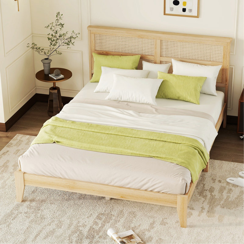Wooden Bed With Rattan Headboard