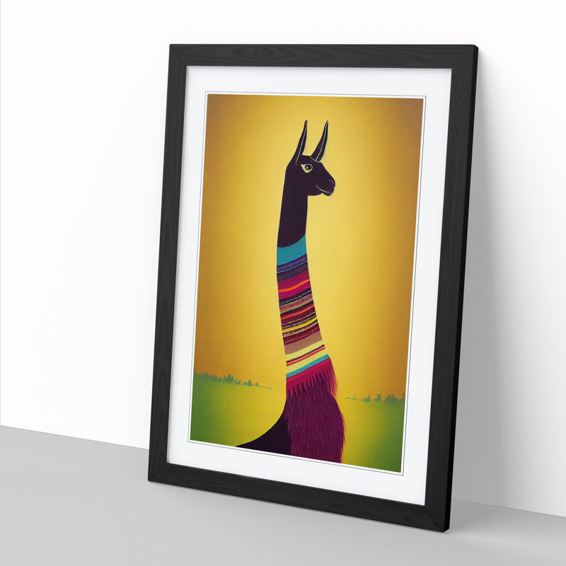 Llama Painting Retro Art - Picture Frame Print, 64cm H x 46cm W x 2cm D, Oak
