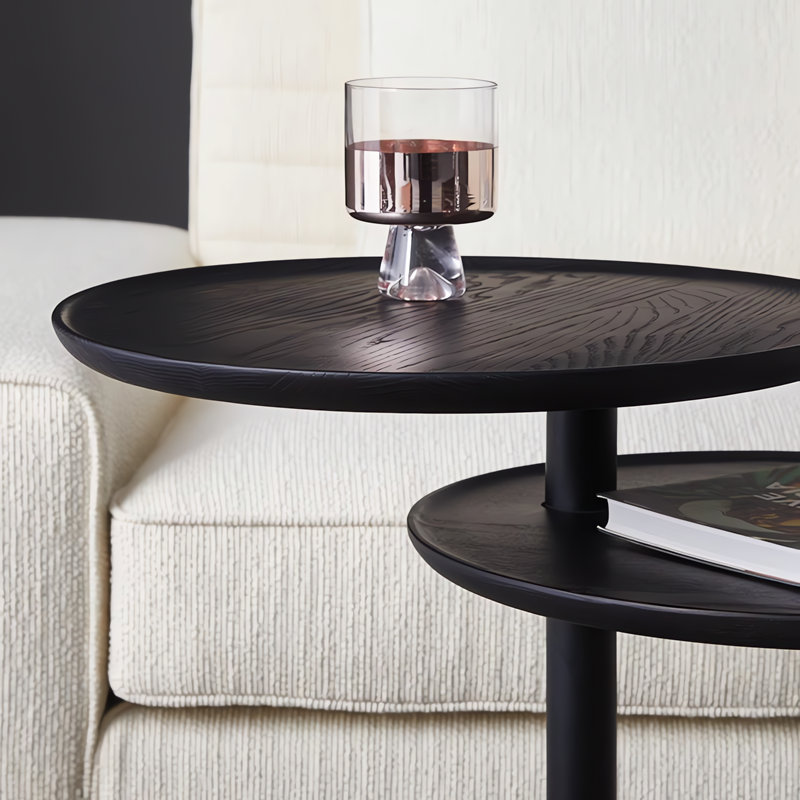 Walnut Wood Round 2 Tier End Side Table With Rotable Function