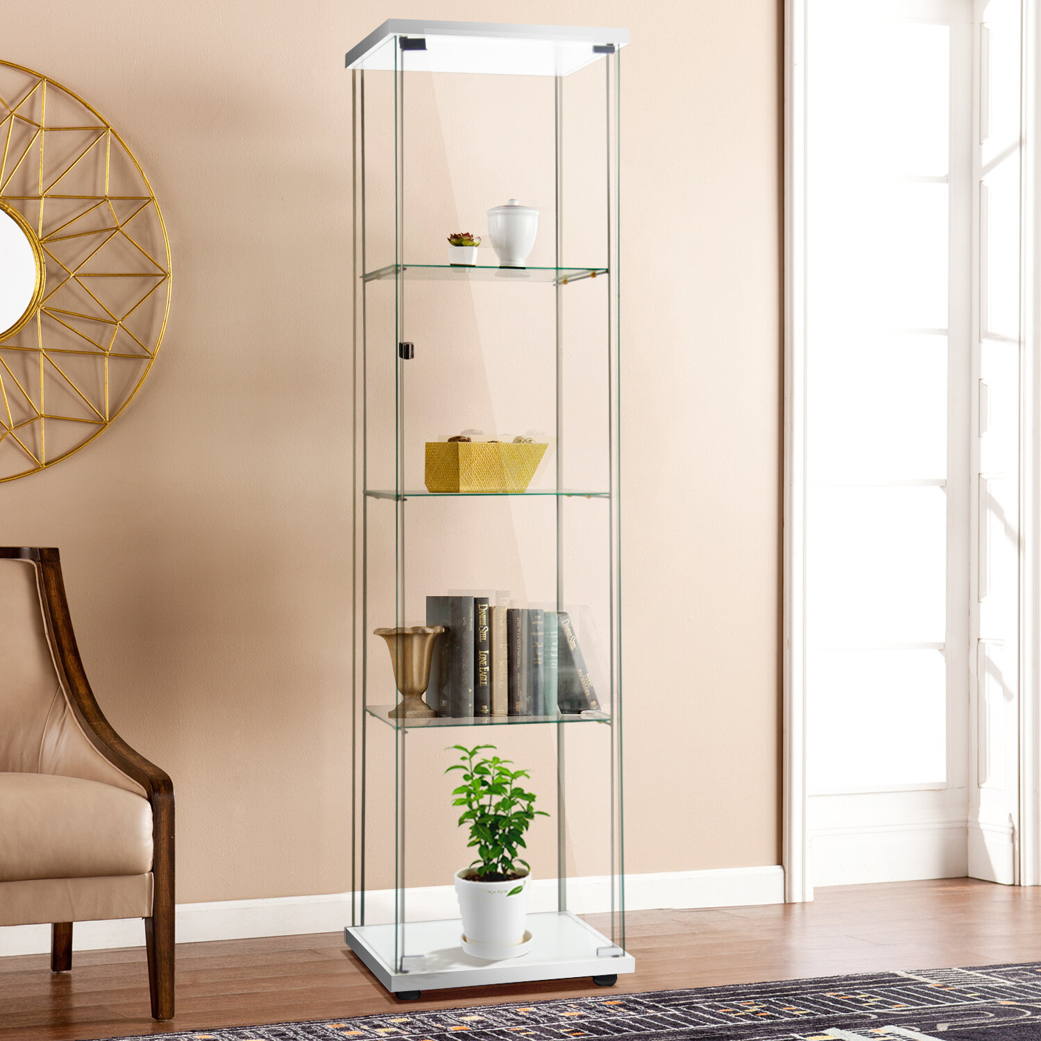 Ikee Design® Acrylic 5 Levels Mirrored Back Display Shelf with Door