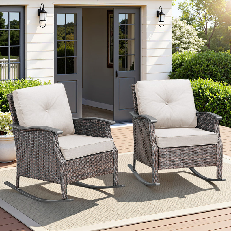 Outdoor Gliding Wicker Chairs Set Of 2, PE Rattan Patio Glider Chairs With Beige Cushions For Porch Or Backyard, Chair, Beige