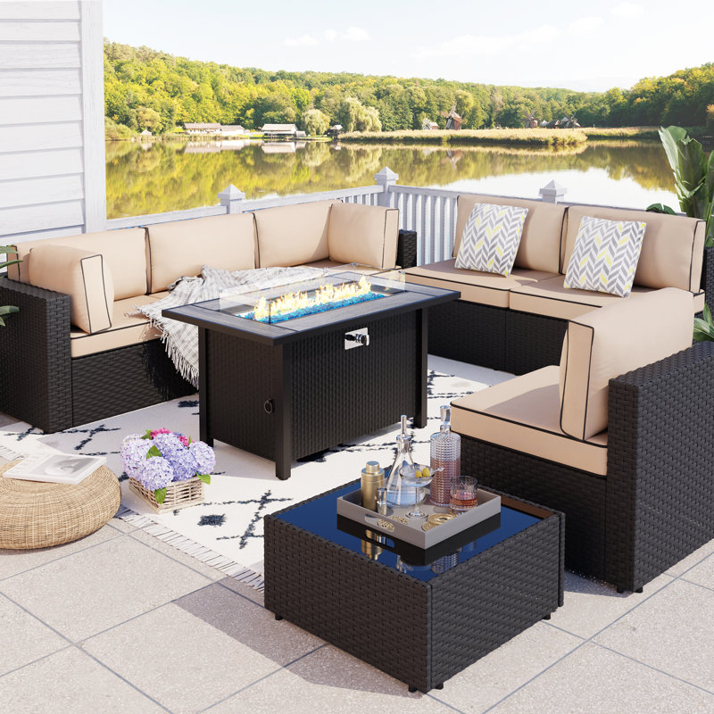 Ensemble de salon de jardin Bushrah pour 6 personnes avec coussins et table de foyer, Noir, Kaki