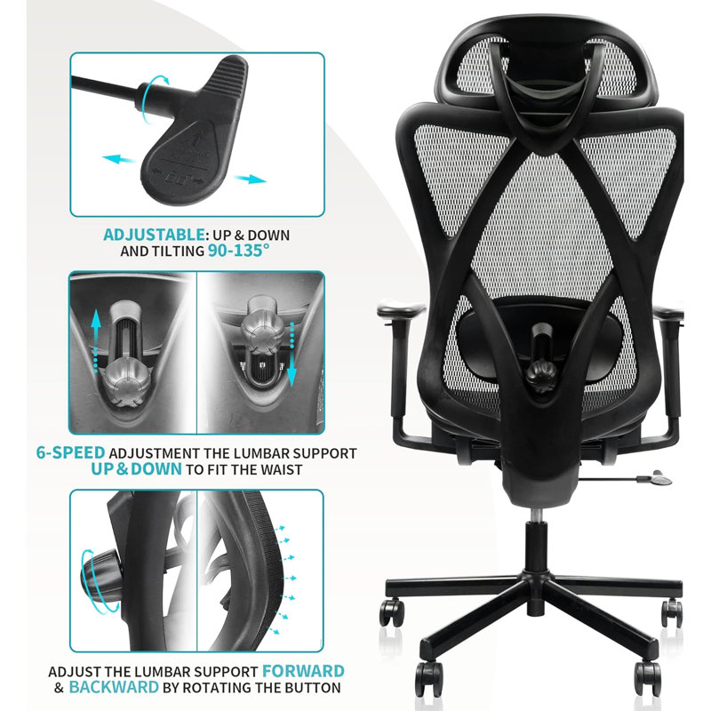 Chaise de bureau ergonomique avec structure en filet - lombaire réglable, accoudoirs, idéal pour le dos de la maison et environnement de travail confortable