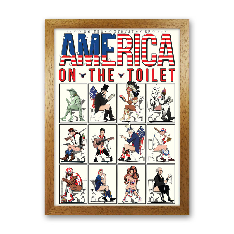 America On The Toilet - Print, 30cm H x 21cm W x 3cm D, Oak Framed