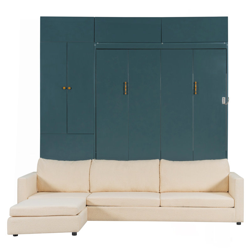 Grand lit escamotable mural avec canapé et tablettes, panneau vert, canapé beige, Vert