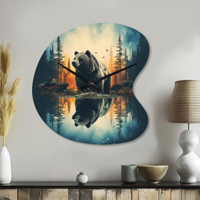 Double Exposure Bear Lens Flare I - Drop Shape Large Teal Wall Clock Sculpture