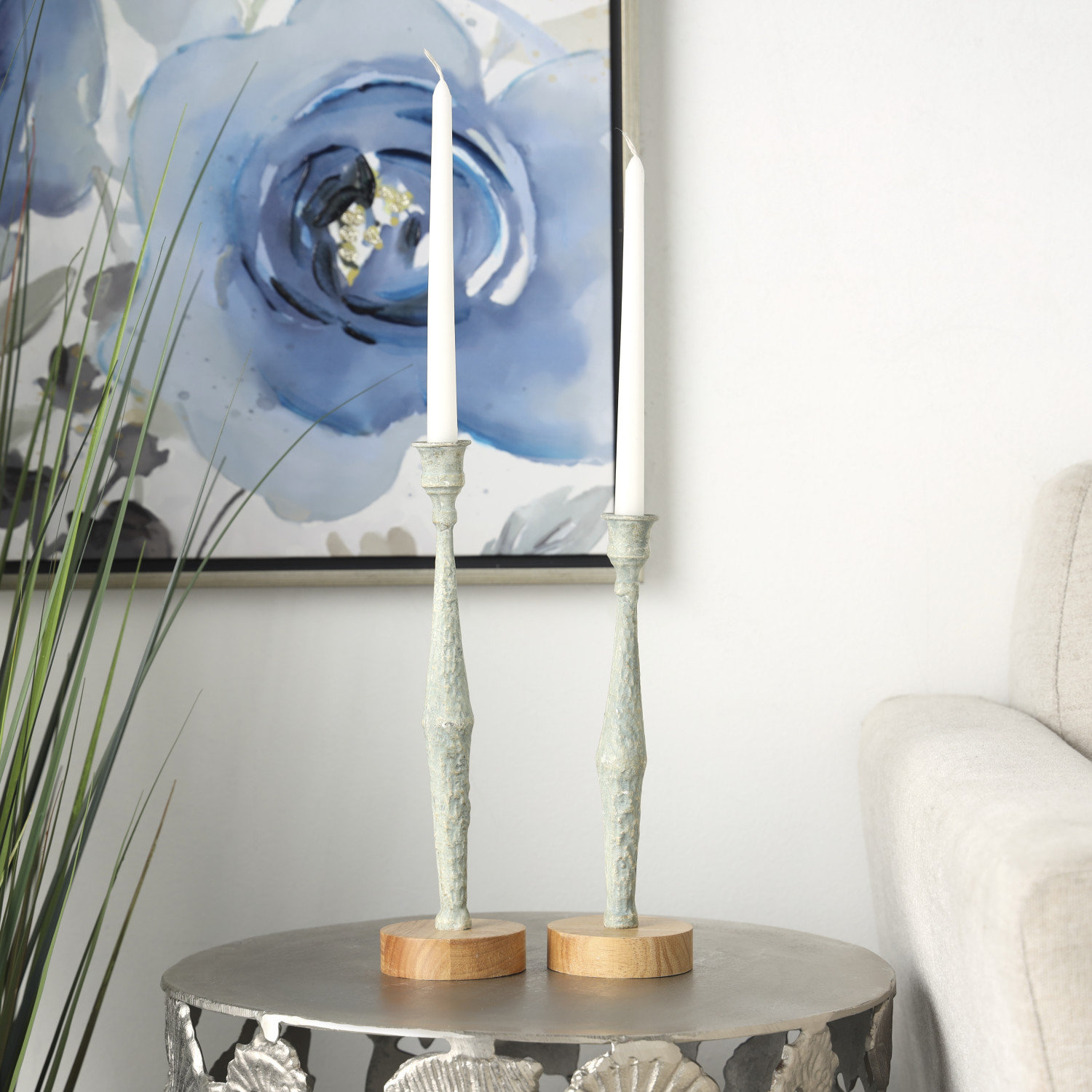 Alia 2 Piece Aluminum Tabletop Candlestick Set, Light Blue
