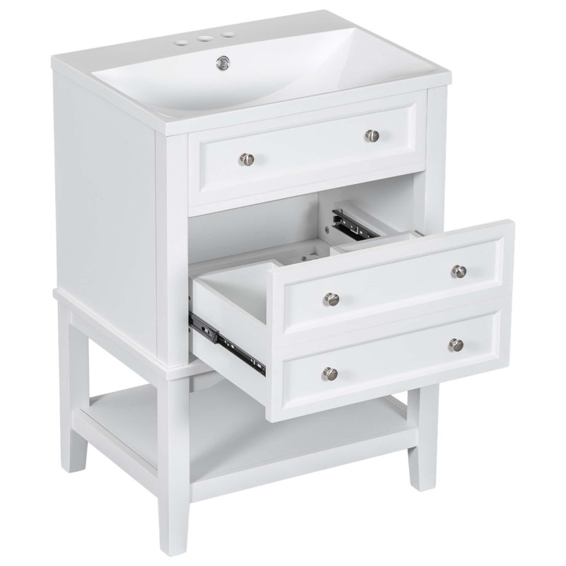 Meuble-lavabo 24 po avec lavabo, armoire de rangement avec tiroir et tablette ouverte, cadre en bois massif
