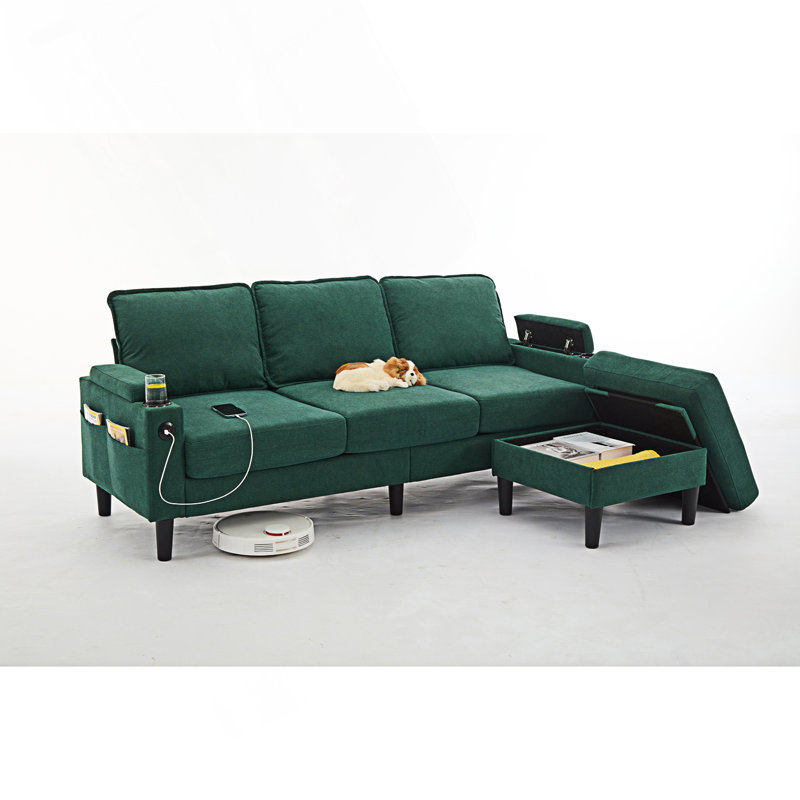 3-Seat Combo Sofa with Storage Ottoman,Sectional Couch, L Shaped Bench with A Footrest, Green