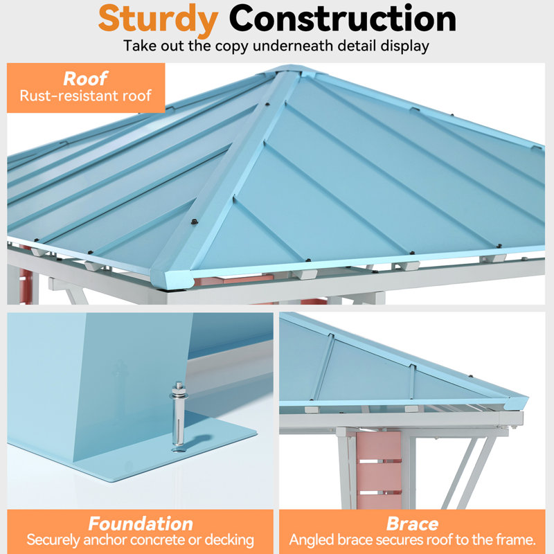 Sedna 8’ X 8‘ Outdoor Steel Frame Hardtop Patio Gazebo With Recharge Socket, Bar Table