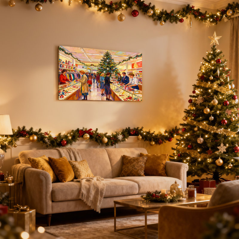 Ensemble de 3 impressions murales sur toile "Christmas store intérieur avec personnes et arbre", H 20 po x l 30 po