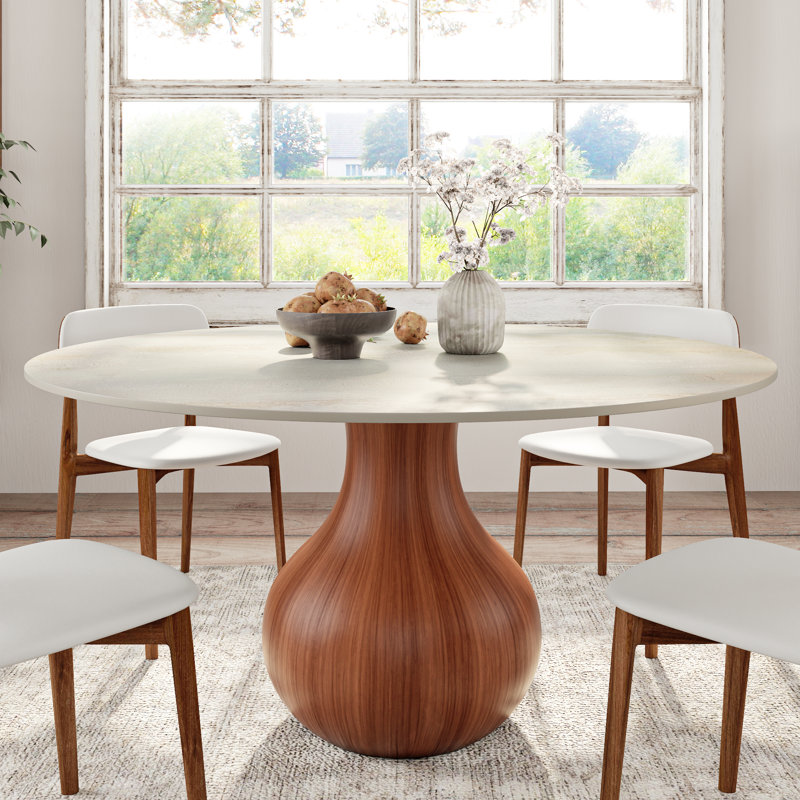 Travertine Stone Walnut Pedestal Dining Table in Garlic Shape 59" For 8, 29.52”H x 59.06”L x 59.06”W, Walnut