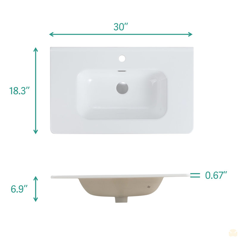 Bassin intégré en céramique blanche, drain non inclus (seulement évier en céramique, sans armoire) , 30"