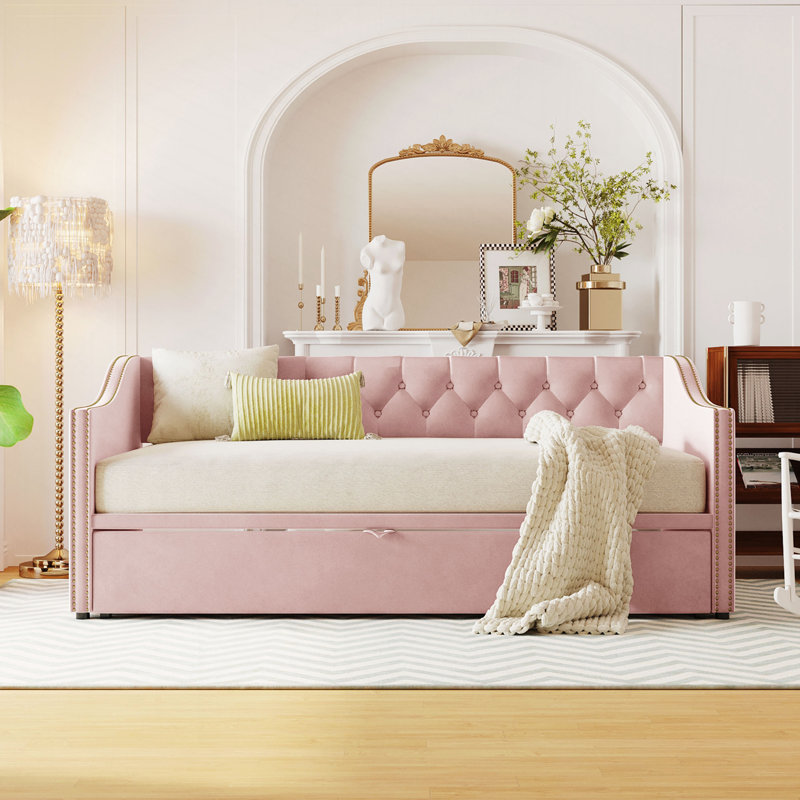 Lit de jour simple tapissier avec lit gigogne, Rose