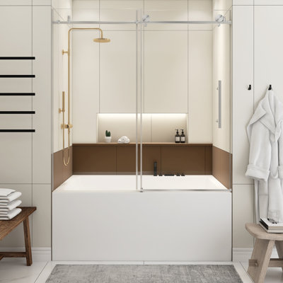 Porte de douche sans cadre l 56 à 60 po x H 60 po, verre trempé transparent de 1/4 po (6 mm), film antidéflagrant, poignée en acier inoxydable, nickel brossé