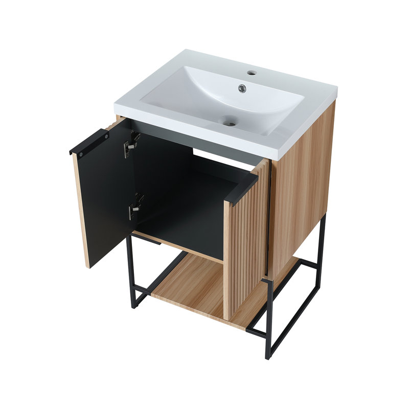 Meuble-lavabo autoportant avec lavabo, armoire de salle de bain compacte pour salle de bain et salle d'eau, Érable / noir