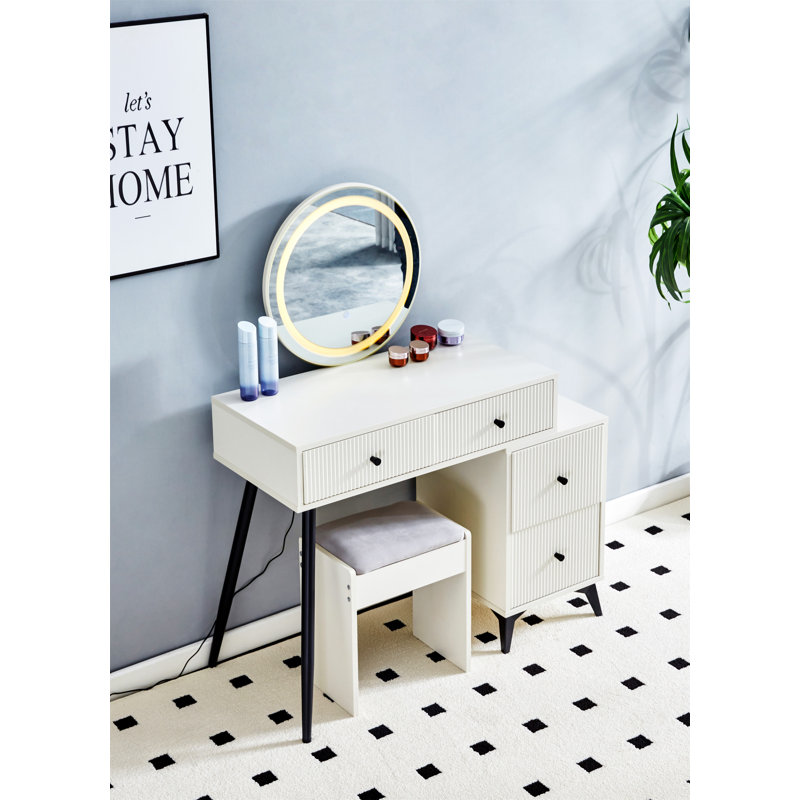 Bureau de coiffeuse cannelé avec miroir rond et lumières DEL