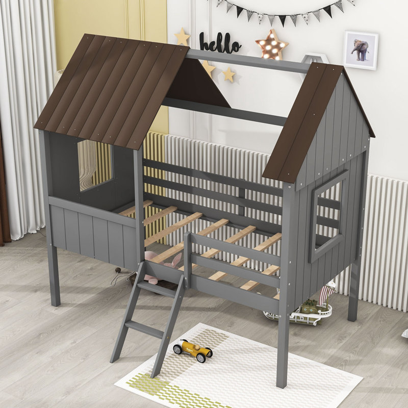 Lit mezzanine simple en bois avec échelle intégrée Adalrik Kids, Gris / brun
