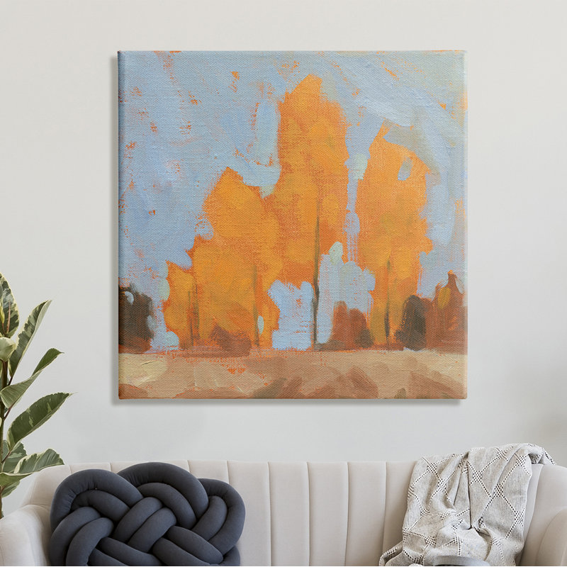 Automne, arbres, feuilles orange brillantes, ciel bleu doux, H 12 po x l 12 po, Estampe numérique Farmhouse