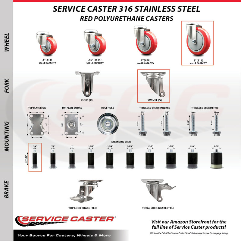 Ensemble de roulettes extensibles en acier inoxydable 316SS