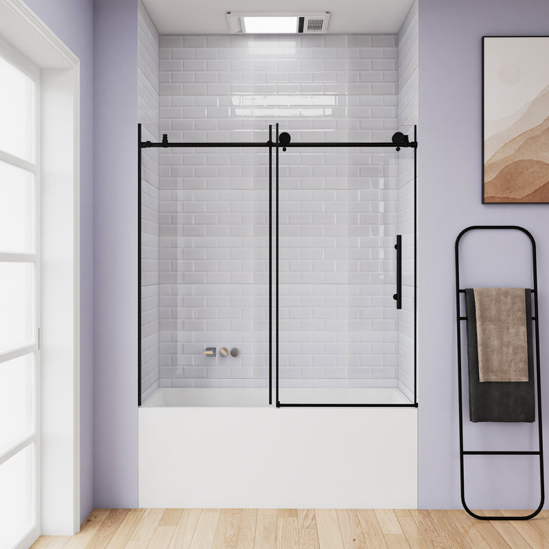 56-60 "W X 60" H Frameless Bathtub Shower Door | Single Sliding | 1/4 Inch Transparent Tempered Glass With Explosion Proof Film | Stainless Steel Handle | Matte Black