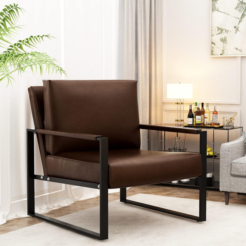 Pagnano 25" W Faux Leather Armchair Upholstered Accent Armchair, Coffee Faux Leather