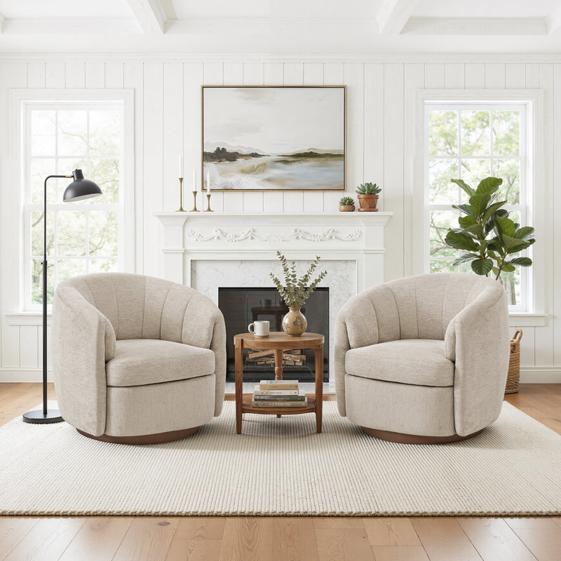 Swivel Barrel Chair with Solid Wood Base (Set of 2 ), Light Camel Chenille