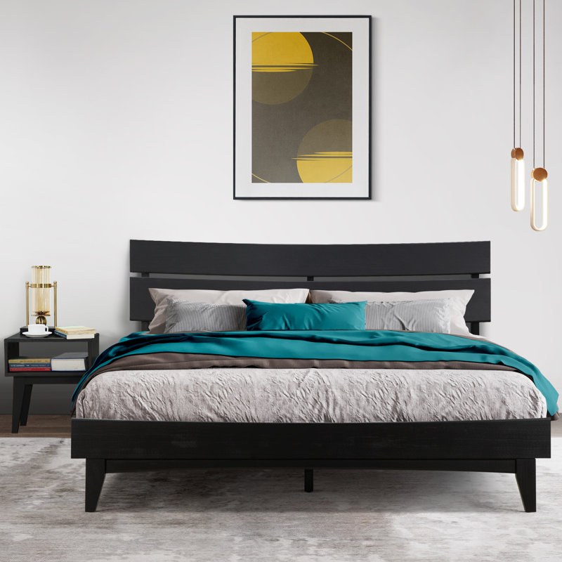 2-Pcs Bedroom Set – Solid Wood Queen Platform Bed Frame & Matching Nightstand, Mid-Century Modern, Black Ristretto Finish, 800 lbs Capacity, No Box Spring Needed