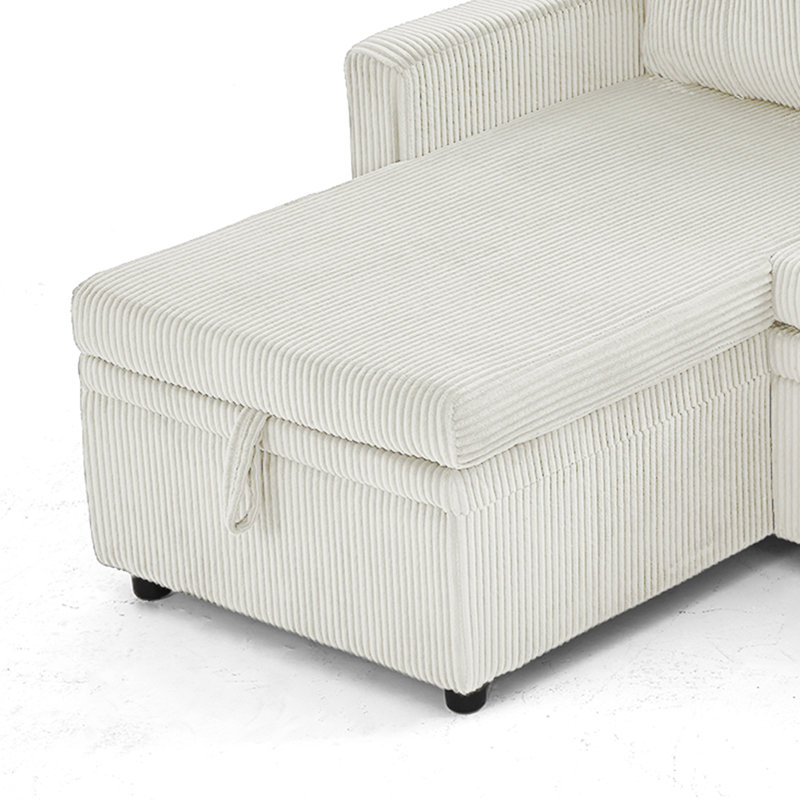 Upholstered L-Shape Beige Corduroy Space-Saving Sleeper Pull-Out Sofa With Hidden Storage, Beige Corduroy
