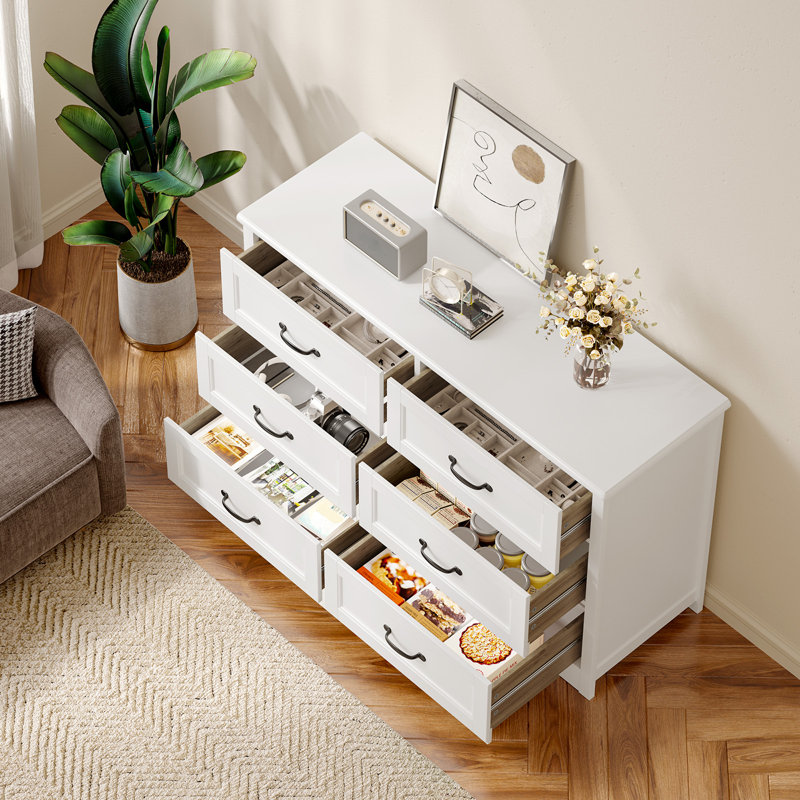 Migneco 47.2-inch wide 6-drawer double dressers with metal handles，storage cabinet, White
