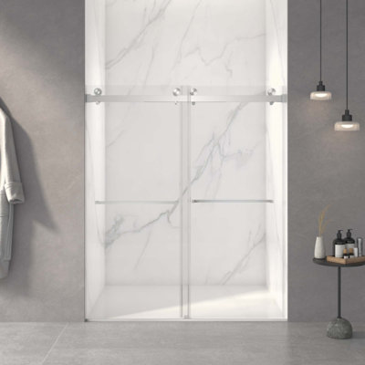 Porte de douche coulissante double sans cadre, verre trempé clair de 5/16 po (8 mm), couche épaisse facile à nettoyer