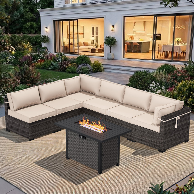 6-Person All-Weather Modular Rattan Lounge with Fire Pit Table & Luxe Cushions, Beige, Brown/Gray