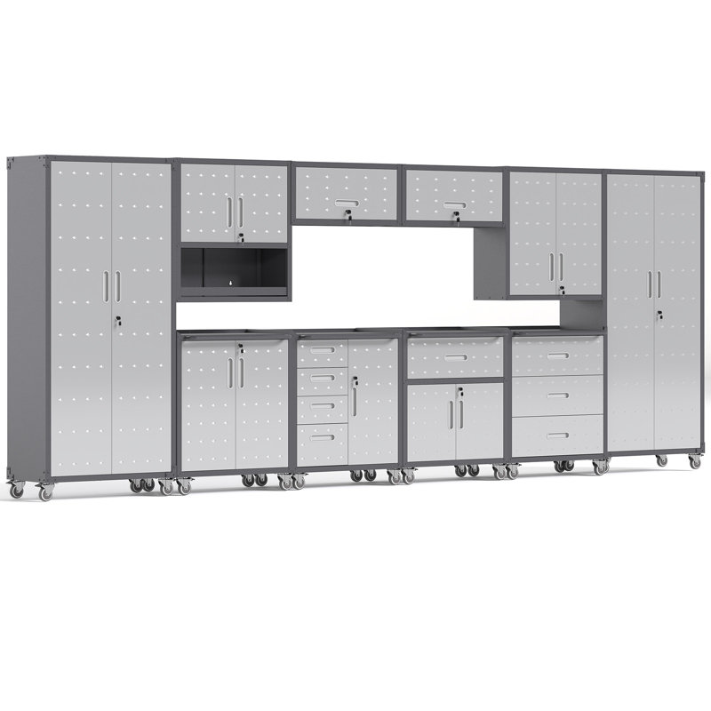Système d'armoires de rangement en acier 10 pièces | Ensemble complet d'organisation pour atelier avec armoires à outils roulantes et unités murales verrouillables | Rangement de garage réglable