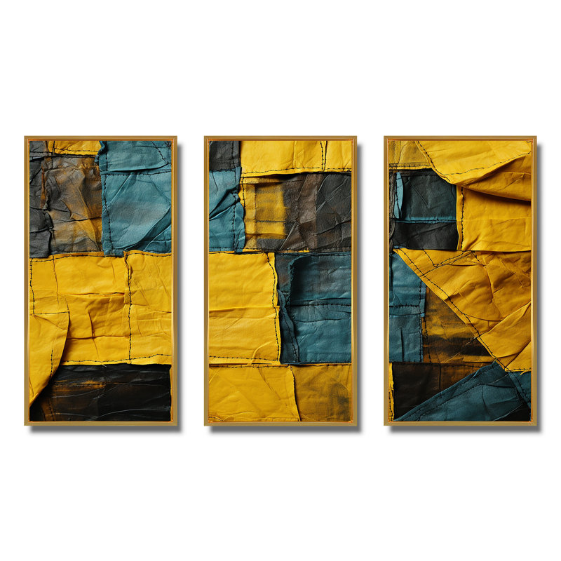 Cube abstrait jaune et vert - Collages abstraits, art mural, Cadre flottant doré, H 28 po x l 36 po x P 1 po
