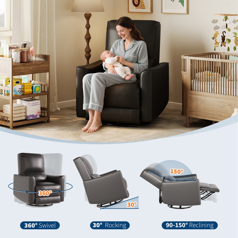 Manual Swivel Rocker Recliner Chair, 360° PU Leather with Deep Seat & High Backrest, Padded Armrests & Lumbar Support for Living Room or Bedroom, PU Black