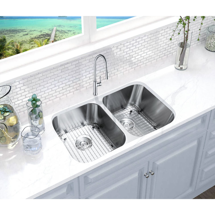 KBFmore 31 Inch Double Equal Bowl Undermount Classic Kitchen Sink with 5  Pieces Sink Accessories