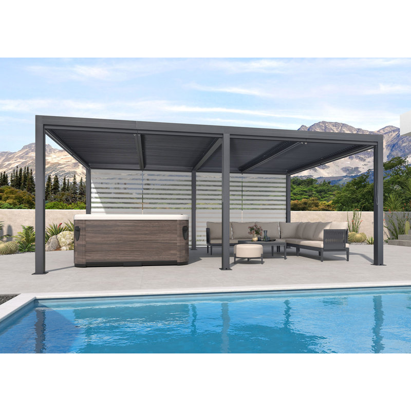 Aluminum Pergola with Roller Shade, 1 Long Side, Gray, 20' x 12'