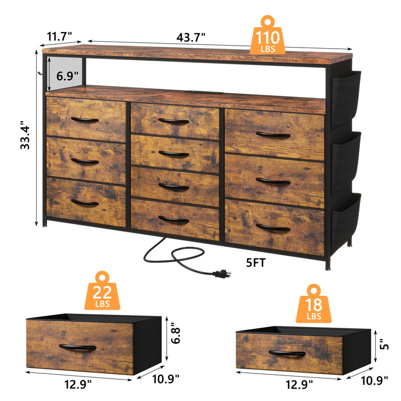 10-Drawer Fabric Dresser & TV Stand with LED Lights & Outlets for Bedroom & Living Room, Brown