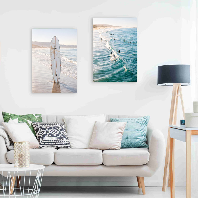 Ensemble de 2 impressions sur toile côtières, vagues de l'océan et planche de plage, art mural moderne neutre pour le salon, la chambre et la salle de bain