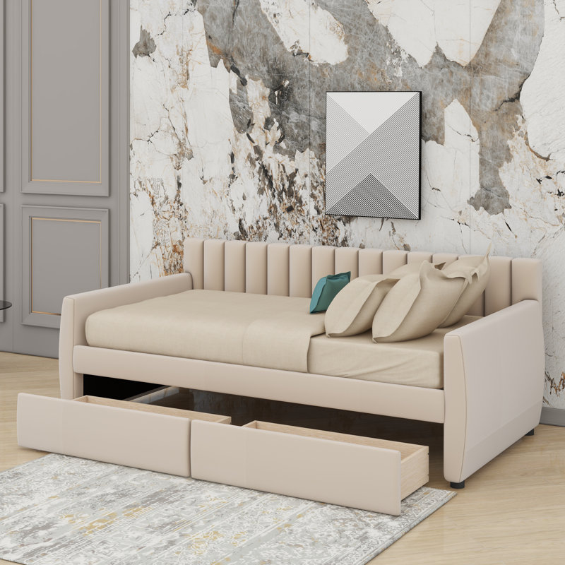 Lit de jour simple tapissier avec tiroirs, Beige, Lit simple