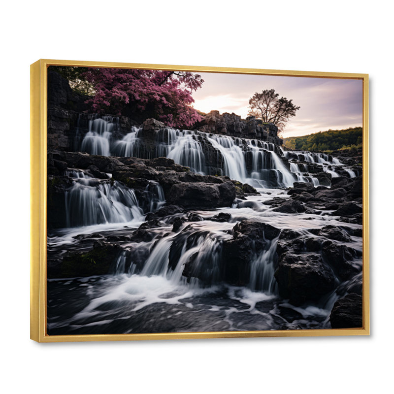 " Pink Grey Waterfall Timeless Flow ", H 34 po x l 44 po x P 1,5 po, Cadre flottant doré