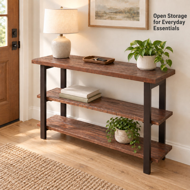 Console en bois massif à 3 niveaux de 122 cm (48 po) avec tablettes ouvertes, couleur noyer