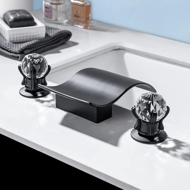 Widespread Bathroom Sink Faucet With Crystal Knob 3 Hole Waterfall Vanity Faucet 8 Inch Crystal Bathroom Faucets Deck Mount Basin Mixer Tap With Hose
