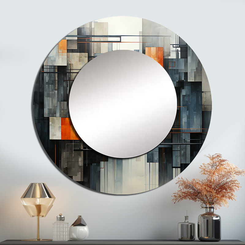 Hardedge Art Urban Geometry I - Hard Edge Painting Wall Mirror, Gray Round Decorative Mirror, Printed Metal Art, 23" x 23"