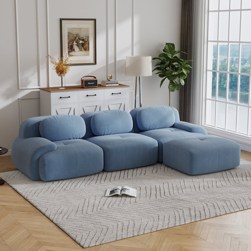 Compression Sofa, L-Shaped Sofa, Corduroy Fabric Fabric Sofa, For Living Room, Blue