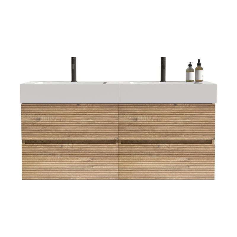 Meuble-lavabo mural 48 po avec lavabo à quartz en chêne et tiroirs noirs doux, meuble-lavabo mural flottant pour salle de bain moderne